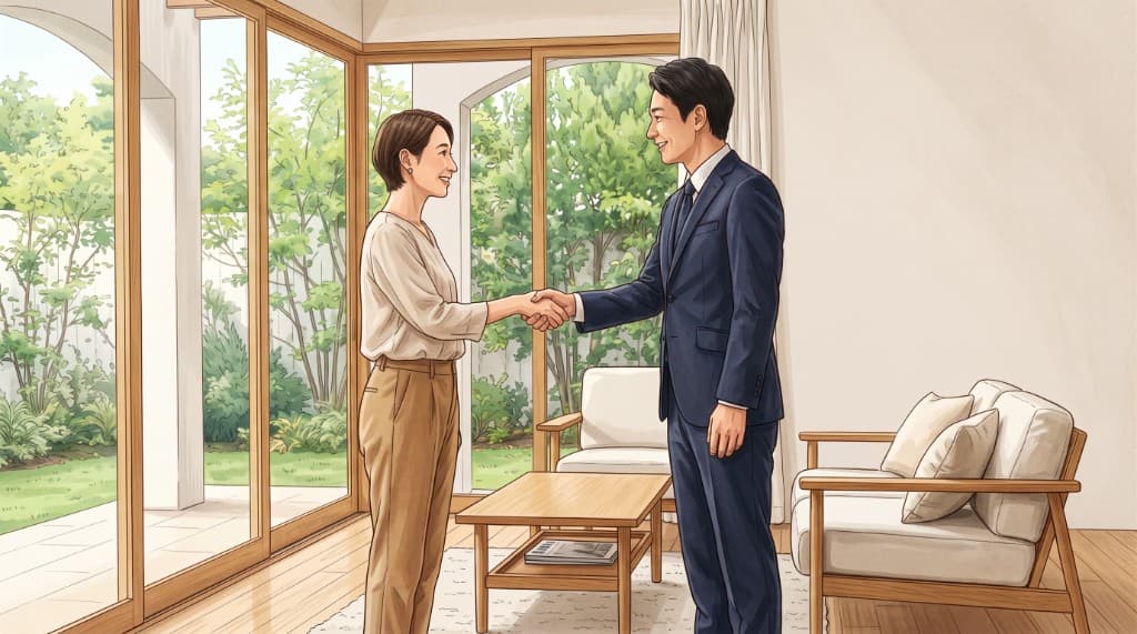 リビングで握手を交わすお客様と担当者のイラスト